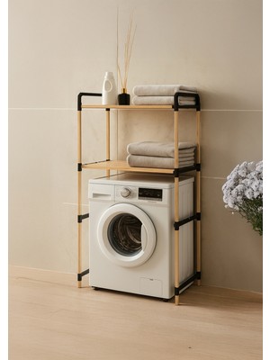 NC01 Ahşap Çamaşır Makinesi Organizer Banyo Düzenleyici Raf Masif Çam Ahşap