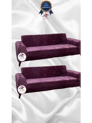 Parlak Kadife Geometrik Desenli Koruyucu Giydirme Koltuk Örtüsü - Mürdüm - 3+3 (2 Parça Set)