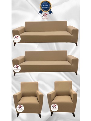 Mikro Lastikli Kaymaz Elastik Koruyucu Giydirme Koltuk Örtüsü - Sütlü Kahve - 3+3+1+1 (4 Parça Set)