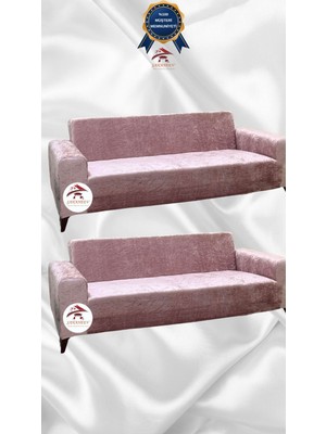 Parlak Kadife Geometrik Desenli Koruyucu Giydirme Koltuk Örtüsü - Pudra - 3+3 (2 Parça Set)