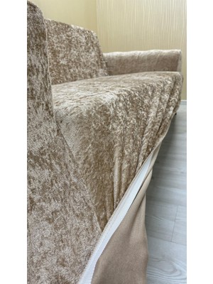 Parlak Kadife Geometrik Desenli Koruyucu Kolsuz Koltuk Örtüsü - Vizon - 3+2+2 (3 Parça Set)