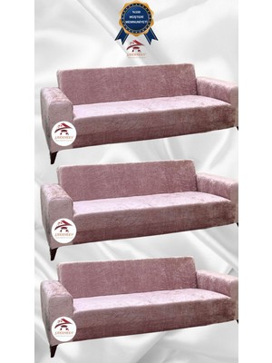Parlak Kadife Geometrik Desenli Koruyucu Giydirme Koltuk Örtüsü - Pudra - 3+3+3 (3 Parça Set)