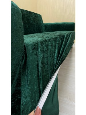 Parlak Kadife Geometrik Desenli Koruyucu Giydirme Koltuk Örtüsü - Zümrüt Yeşili - 3+1+1(3 Parça Set)