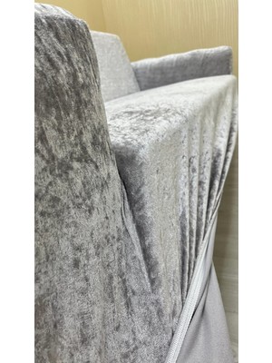 Parlak Kadife Geometrik Desenli Koruyucu Kolsuz Koltuk Örtüsü - Gümüş Gri - 3+3+3 (3 Parça Set)