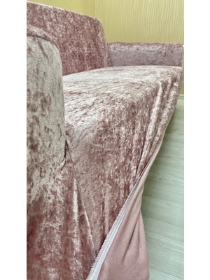 Parlak Kadife Geometrik Desenli Koruyucu Kolsuz Koltuk Örtüsü - Pudra - 3+3+1 (3 Parça Set)