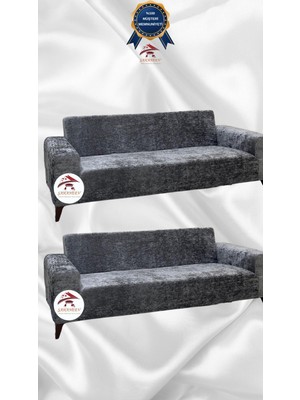 Parlak Kadife Geometrik Desenli Koruyucu Giydirme Koltuk Örtüsü - Açık Gri - 3+3 (2 Parça Set)