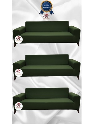 Mikro Lastikli Kaymaz Elastik Koruyucu Giydirme Koltuk Örtüsü - Haki Yeşili - 3+3+3 (3 Parça Set)
