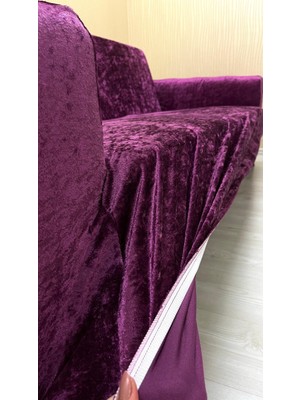 Parlak Kadife Geometrik Desenli Koruyucu Giydirme Koltuk Örtüsü - Fuşya - 3+2 (2 Parça Set)