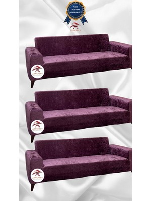 Parlak Kadife Geometrik Desenli Koruyucu Giydirme Koltuk Örtüsü - Mürdüm - 3+3+3 (3 Parça Set)