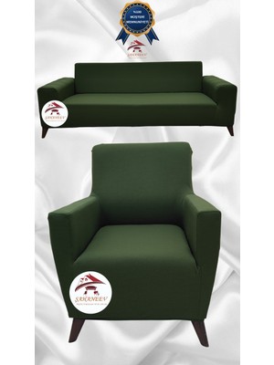 Mikro Lastikli Kaymaz Elastik Koruyucu Giydirme Koltuk Örtüsü - Haki Yeşili - 3+1 (2 Parça Set)