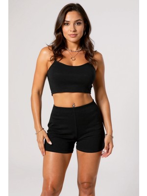 SHC4200 Kadın Siyah Şortlu Kaşkorse Gecelik Takım – Modern, Konforlu ve Günlük Kombinlere Uygun