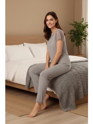 Nap Kadın Gri Kısa Kol Pijama Takımı – Dantel Detaylı