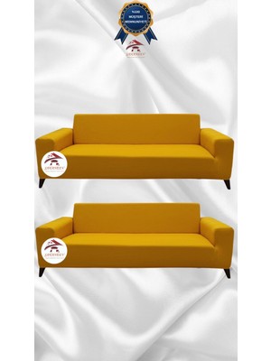 Mikro Lastikli Kaymaz Elastik Koruyucu Giydirme Koltuk Örtüsü - Hardal - 3+3 (2 Parça Set)