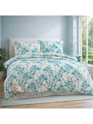 Meine Home Çift Kişilik Turkuaz Çiçek Desenli Nevresim Takımı