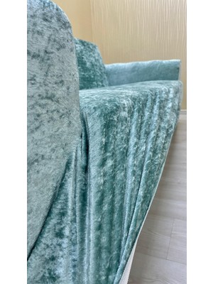 Parlak Kadife Geometrik Desenli Koruyucu Kolsuz Koltuk Örtüsü - Mint - 3+1 (2 Parça Set)