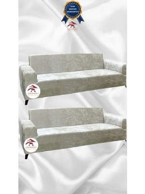 Parlak Kadife Geometrik Desenli Koruyucu Giydirme Koltuk Örtüsü - Krem - 3+3 (2 Parça Set)