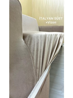Italyan Süet Koruyucu Esnek Elastik Kolsuz Koltuk Örtüsü - Vizon - 3+3+3 (3 Parça Set)