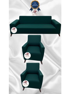 Mikro Lastikli Kaymaz Elastik Koruyucu Giydirme Koltuk Örtüsü - Zümrüt Yeşili - 3+1+1 (3 Parça Set)