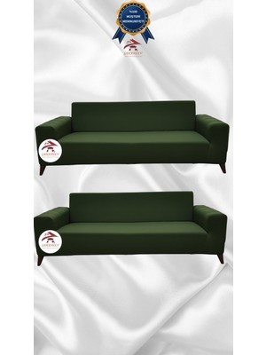 Mikro Lastikli Kaymaz Elastik Koruyucu Giydirme Koltuk Örtüsü - Haki Yeşili - 3+3 (2 Parça Set)