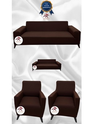 Mikro Lastikli Kaymaz Elastik Koruyucu Giydirme Koltuk Örtüsü - Kahverengi - 3+2+1+1 (4 Parça Set)