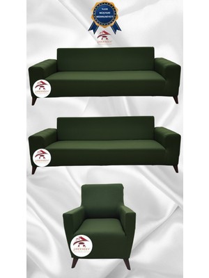 Mikro Lastikli Kaymaz Elastik Koruyucu Giydirme Koltuk Örtüsü - Haki Yeşili - 3+3+1 (3 Parça Set)