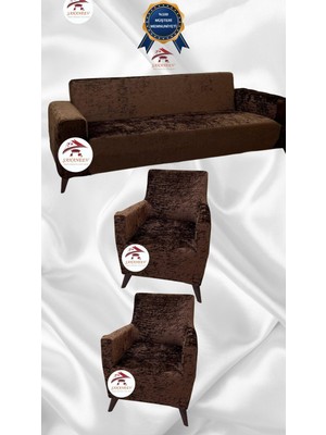 Parlak Kadife Geometrik Desenli Koruyucu Giydirme Koltuk Örtüsü - Kahverengi - 3+1+1 (3 Parça Set)