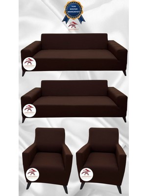 Mikro Lastikli Kaymaz Elastik Koruyucu Giydirme Koltuk Örtüsü - Kahverengi - 3+3+1+1 (4 Parça Set)
