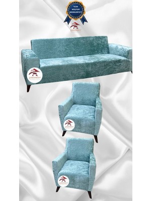 Parlak Kadife Geometrik Desenli Koruyucu Giydirme Koltuk Örtüsü - Mint - 3+1+1 (3 Parça Set)