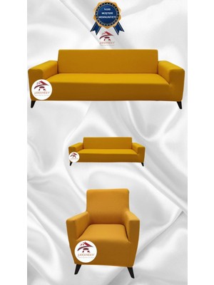 Mikro Lastikli Kaymaz Elastik Koruyucu Giydirme Koltuk Örtüsü - Hardal - 3+2+1 (3 Parça Set)