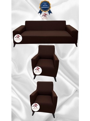 Mikro Lastikli Kaymaz Elastik Koruyucu Giydirme Koltuk Örtüsü - Kahverengi - 3+1+1 (3 Parça Set)