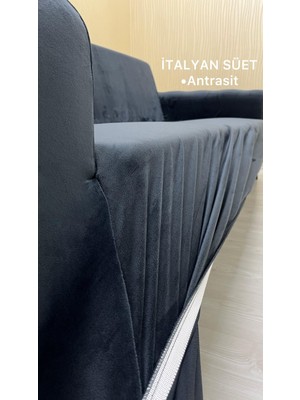 Italyan Süet Koruyucu Esnek Elastik Giydirme Koltuk Örtüsü - Antrasit - 3+2+1 (3 Parça Set)
