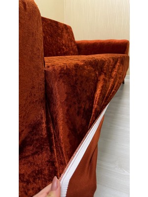 Parlak Kadife Geometrik Desenli Koruyucu Kolsuz Koltuk Örtüsü - Kiremit - 3+2+2 (3 Parça Set)