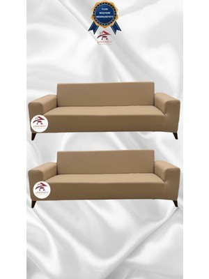 Mikro Lastikli Kaymaz Elastik Koruyucu Giydirme Koltuk Örtüsü - Sütlü Kahve - 3+3 (2 Parça Set)