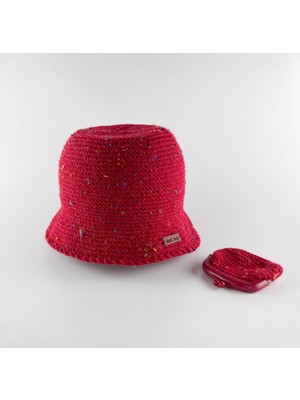 Kidilia Bordo Renkli Kırçıllı El Örgüsü Bucket Şapka ve Mini Cüzdan