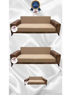 Mikro Lastikli Kaymaz Elastik Koruyucu Kolsuz Koltuk Örtüsü - Sütlü Kahve - 3+3+2 (3 Parça Set)