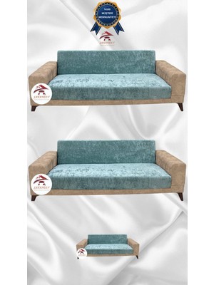 Parlak Kadife Geometrik Desenli Koruyucu Kolsuz Koltuk Örtüsü - Mint - 3+3+2 (3 Parça Set)