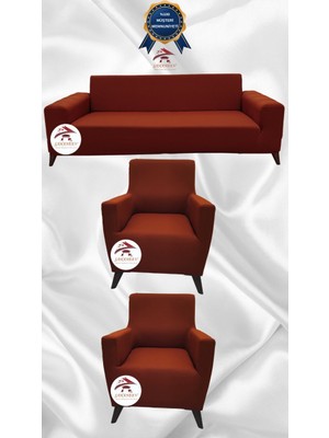 Mikro Lastikli Kaymaz Elastik Koruyucu Giydirme Koltuk Örtüsü - Kiremit - 3+1+1 (3 Parça Set)