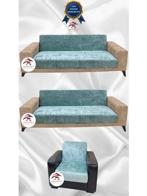 Parlak Kadife Geometrik Desenli Koruyucu Kolsuz Koltuk Örtüsü - Mint - 3+3+1 (3 Parça Set)