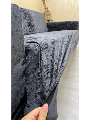 Parlak Kadife Geometrik Desenli Koruyucu Giydirme Koltuk Örtüsü - Antrasit - 1+1 (2 Parça Set)