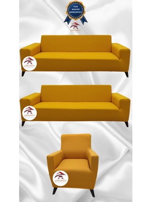 Mikro Lastikli Kaymaz Elastik Koruyucu Giydirme Koltuk Örtüsü - Hardal - 3+3+1 (3 Parça Set)