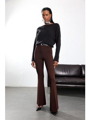 5in1Canpolat Kahverengi Kemerli Likralı Ispanyol Kumaş Pantolon 2076