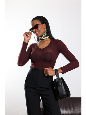 5in1Canpolat Bordo V Yaka Transparan Bluz 17374