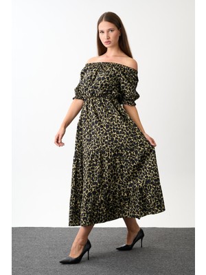 Omzu Açık Desenli Maxi Elbise