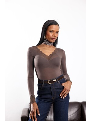 5in1Canpolat Kahverengi Dantelli Modal Kaşmir Uzun Kollu Bluz