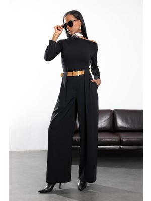 5in1Canpolat Siyah Kemerli Palazzo Kumaş Pantolon 3855