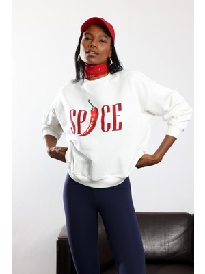 5in1Canpolat Ekru Biber Baskılı Oversize Sweatshirt 01734