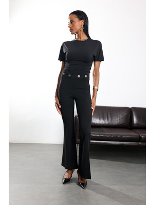 5in1Canpolat Siyah Gold Düğmeli Likralı Ispanyol Pantolon 37068