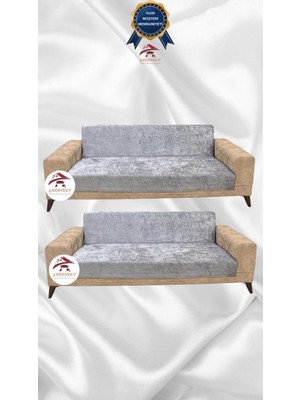 Parlak Kadife Geometrik Desenli Koruyucu Kolsuz Koltuk Örtüsü - Gümüş Gri - 3+3 (2 Parça Set)