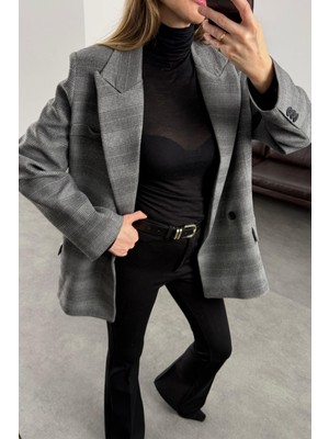 5in1Canpolat Gri Ekose Desen Blazer Ceket 03020