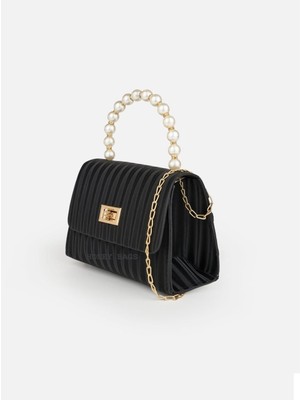 Özüm Takı Çanta Kadın İnci Saplı Zincir Askılı Kilit Kapaklı El ve Omuz Kol Çantası Siyah